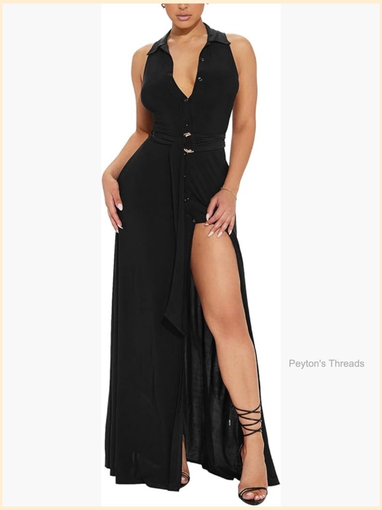 Sleeveless V Neck High Split Button Down Maxi Dress